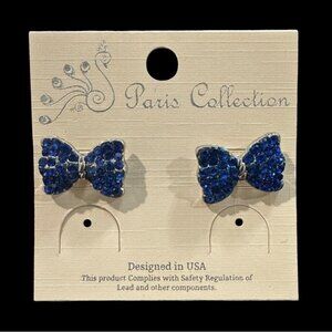 Blue Bow Rhinestone Stud Earrings Paris Collection Hypoallergenic Design